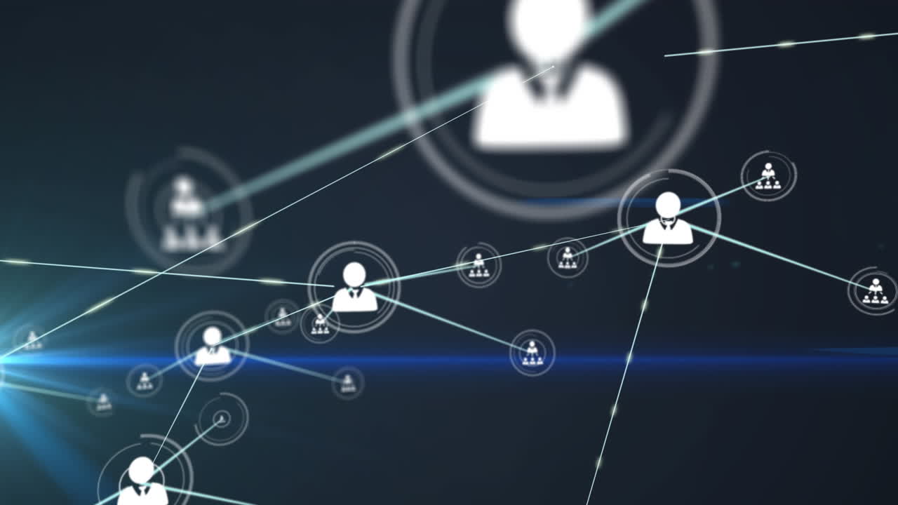 animación de una red de iconos de perfil sobre un punto de luz contra un fondo azul