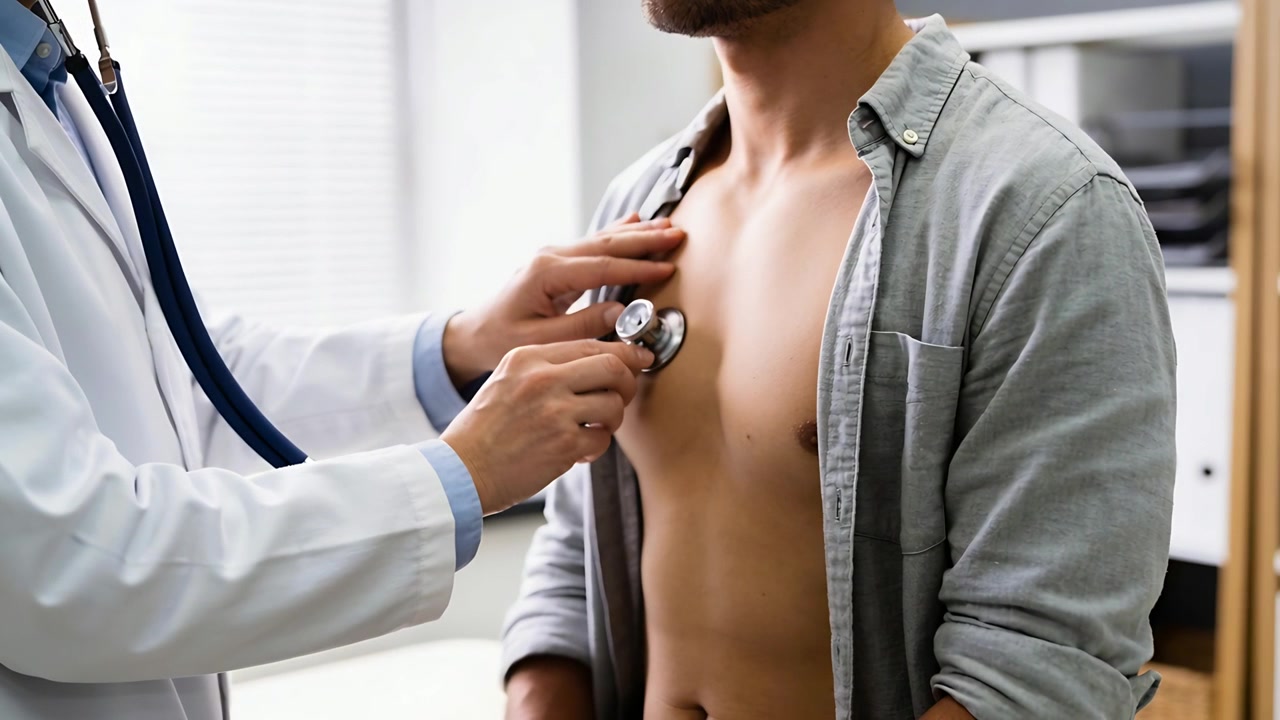 Placing stethoscope whitecoat doctor checking patient heart-lung over bare torso at clinic files