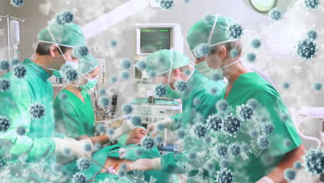animación de las células del virus covid-19 sobre los cirujanos en el quirófano