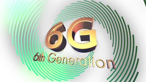 animation of 6g, 6th generation text in gold over green spiral lines processing on white background