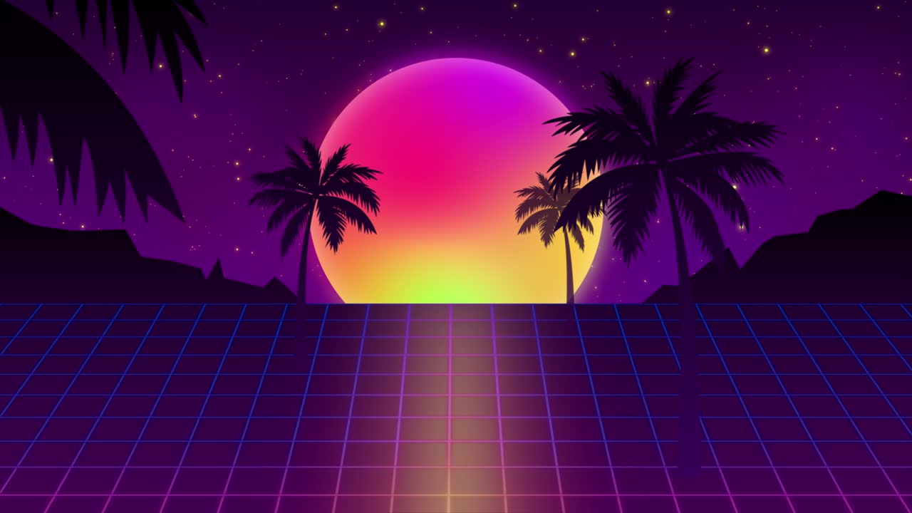 Rete wireframe synthwave. Tramonto sulle montagne. Stile anni '80, Sfondo Retrofuturismo. Intro VHS. Stile cyberpunk. Paesaggio all'orizzonte, palme in movimento, cielo stellato. Loop continuo vintage Vaporwave.