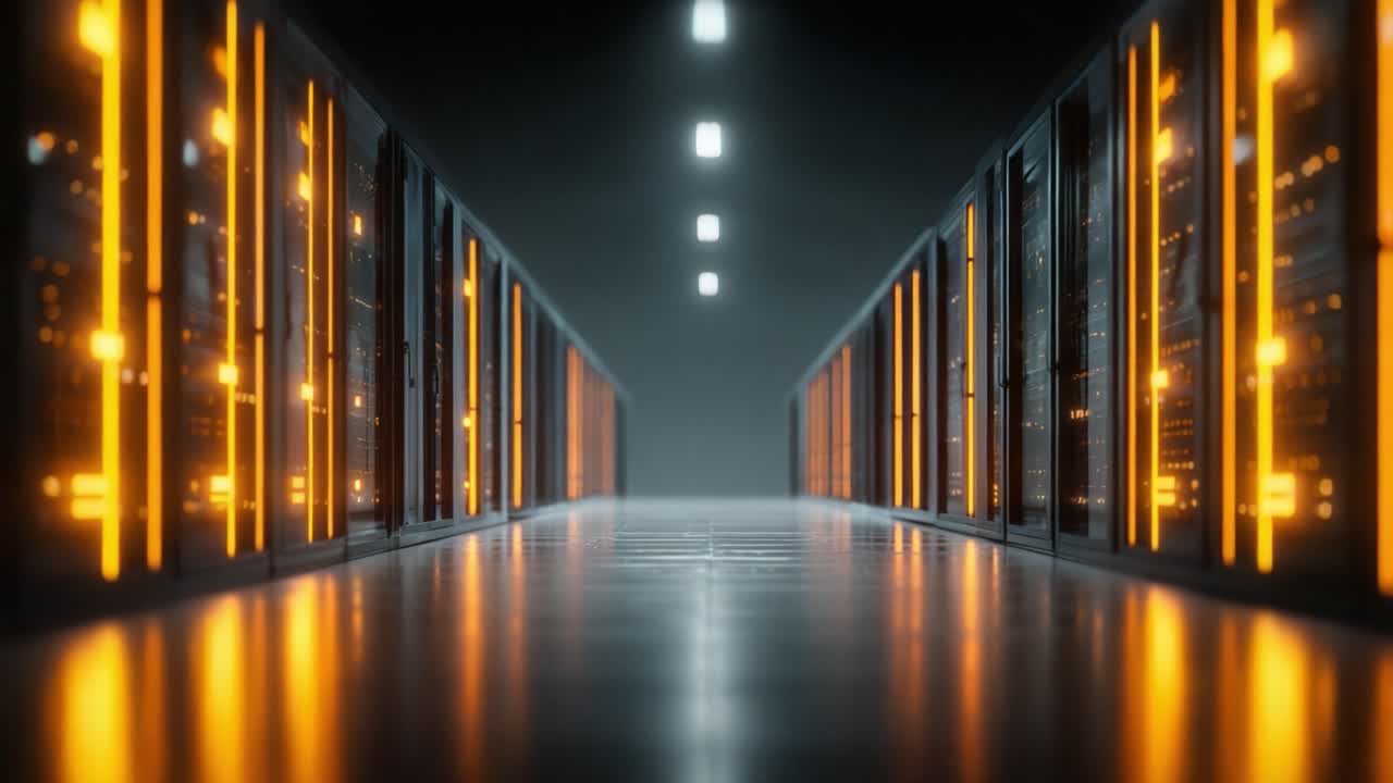 Visuel rejse gennem et højteknologisk datacenter: Et fængslende perspektiv af rækker af servere oplyst af orange lys og reflekterende gulve i et avanceret digitalt miljø.