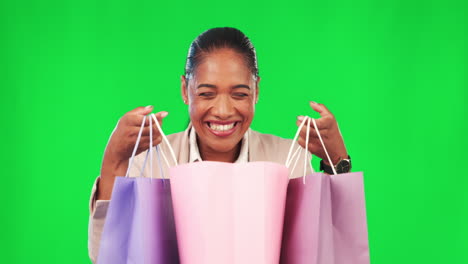 pantalla verde, feliz y mujer cara con las compras