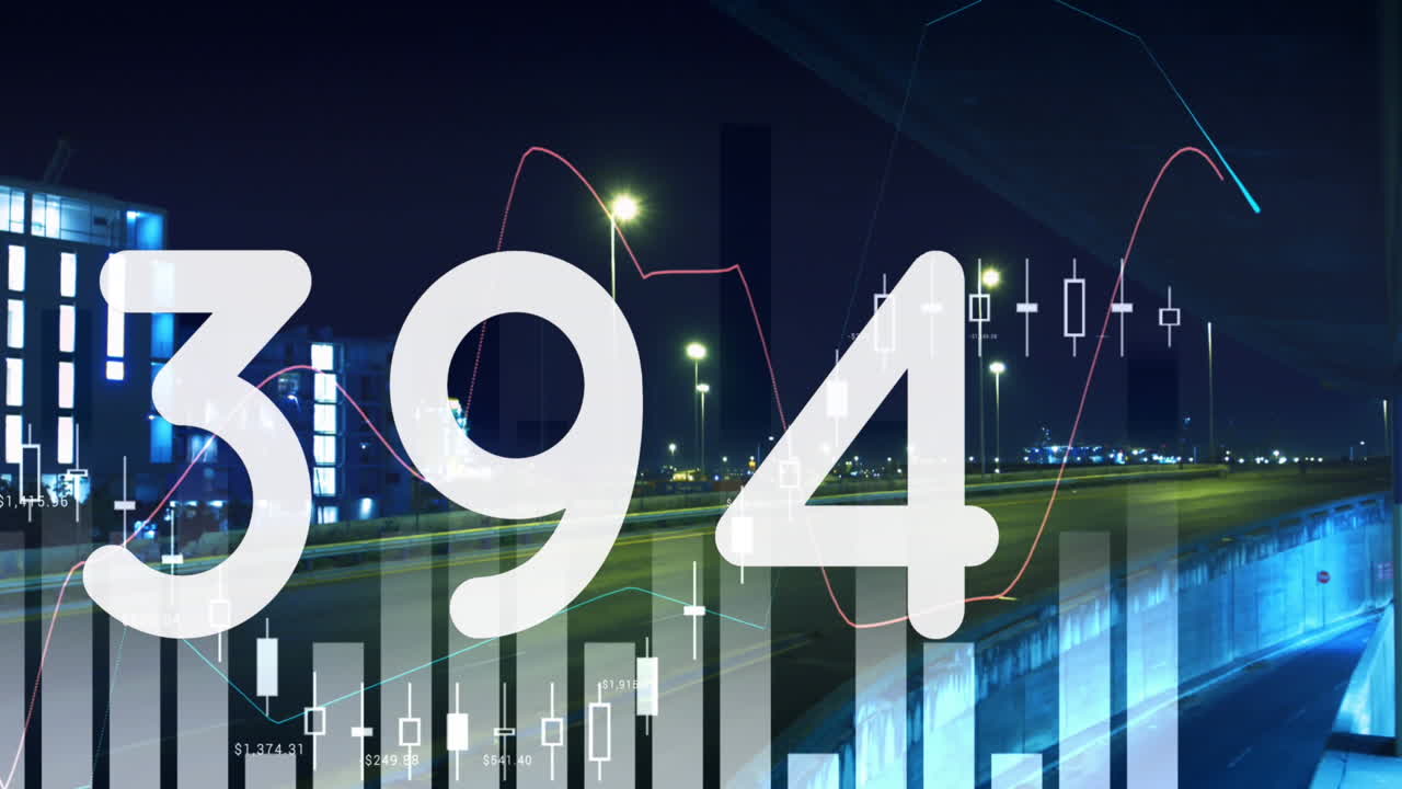 변화하는 숫자, 그래프, 현대 건물에 대한 이동 차량의 시간 경과 애니메이션