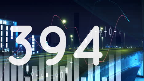 Animation-Von-Wechselnden-Zahlen,-Diagrammen,-Zeitraffer-Von-Fahrenden-Fahrzeugen-Vor-Modernen-Gebäuden
