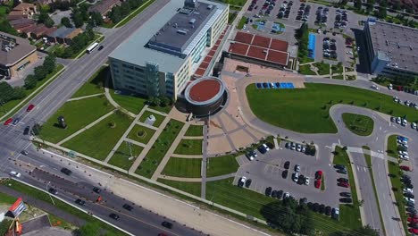 aerial view over the regional municipality of durham, health department, tilt down with pull out shot, ontario, canada