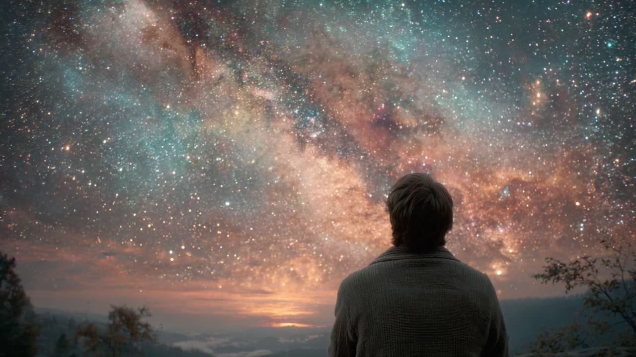 Uma figura contemplativa observa a extensão deslumbrante do universo, onde incontáveis estrelas e galáxias criam uma tapeçaria cósmica fascinante que acende a imaginação