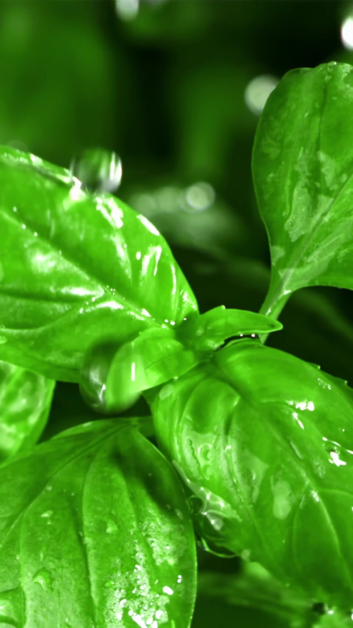 Gocce d'acqua che cadono su foglie fresche di basilico verde.