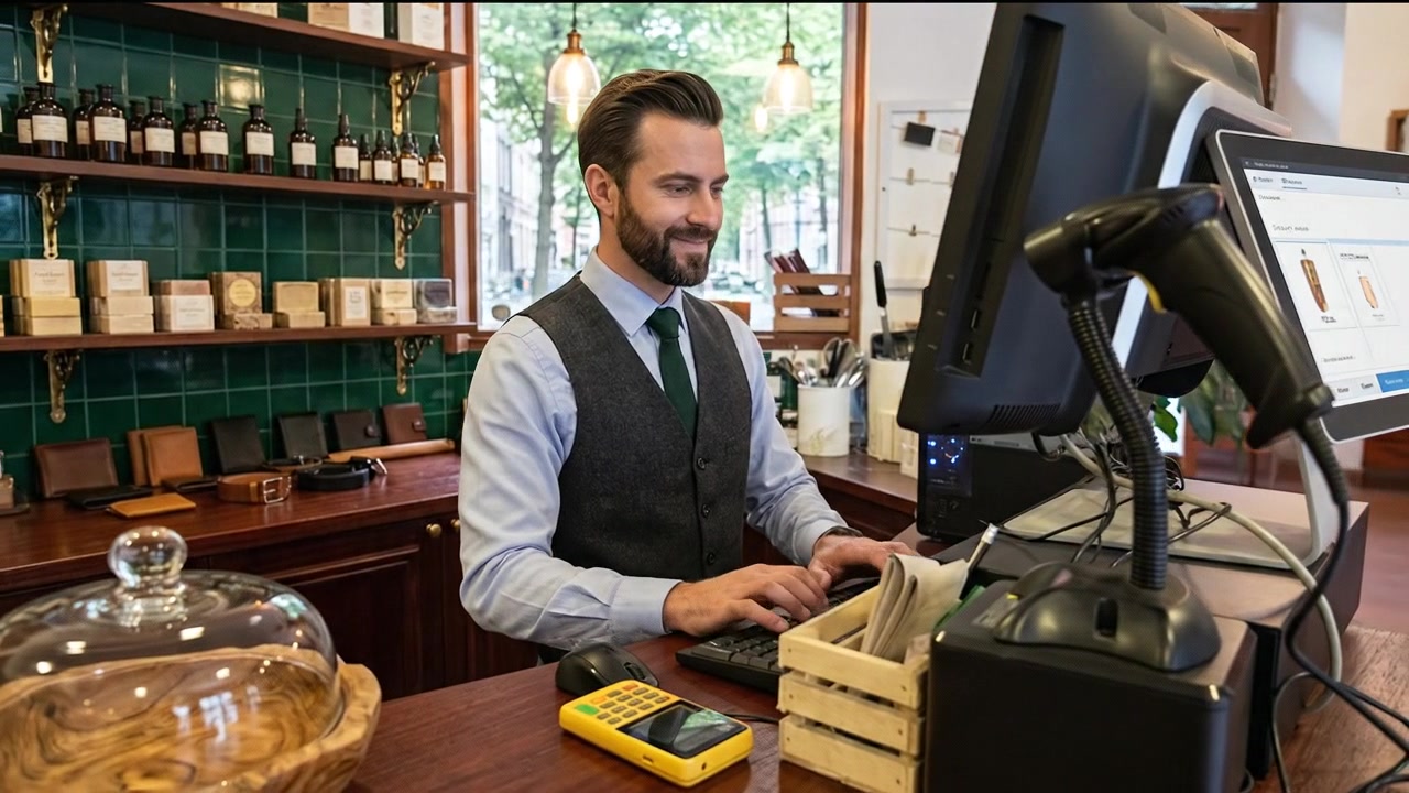 Profissional de negócios trabalhando com computador em ambiente de escritório.