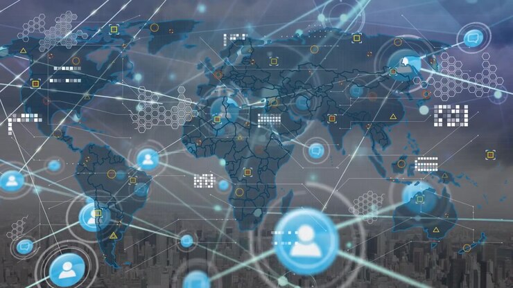Digital Global Network Connection Overlay on Cityscape