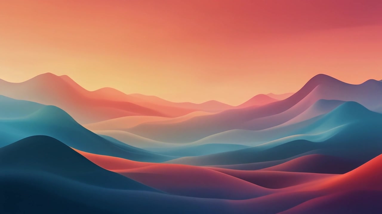 Paesaggio digitale astratto con colline ondulate e colori del tramonto