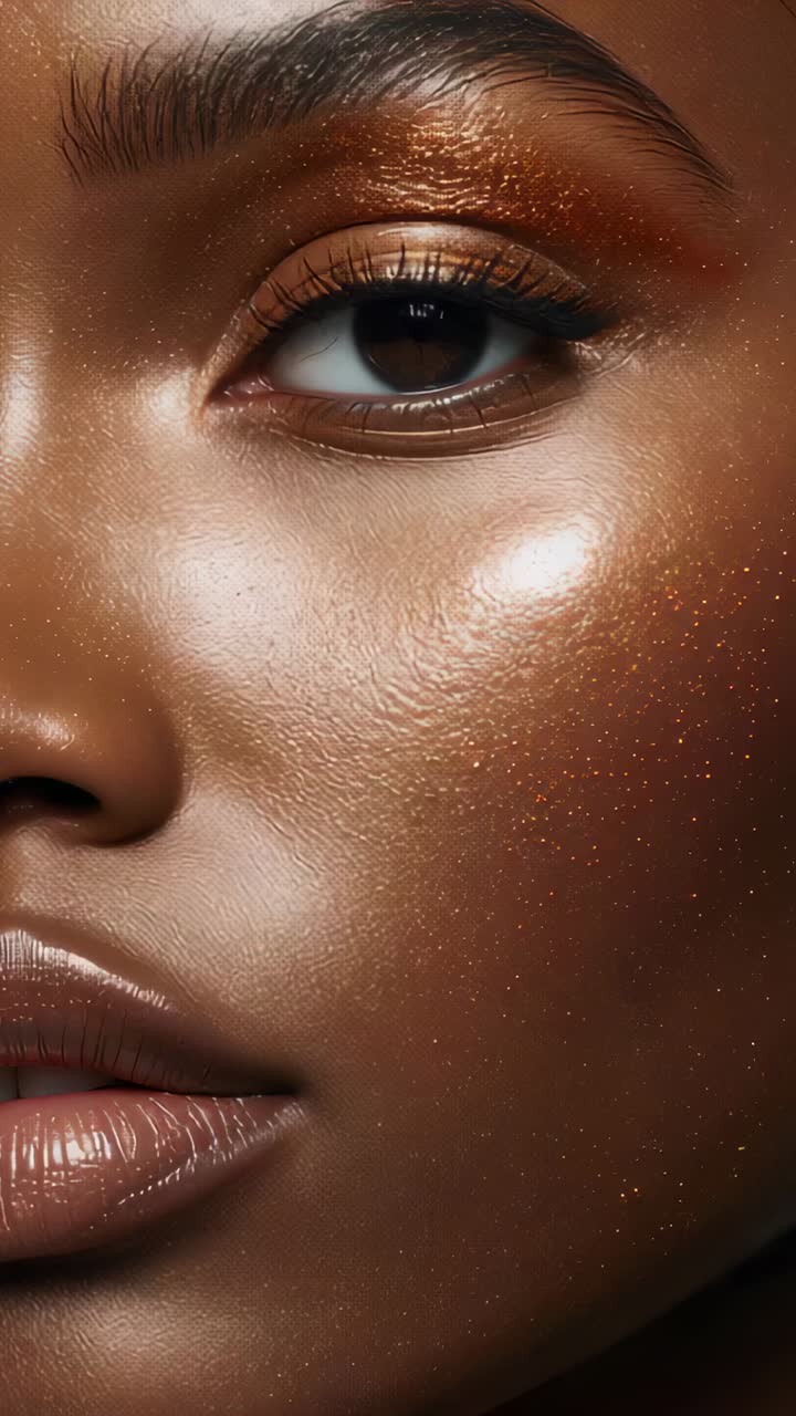 Vertikales Video: Kamera zoomt, Modell blinzelt und lächelt im Studio und präsentiert bronzefarbenen Lidschatten