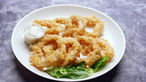 cooked squid rings and shrimp on a plate top view ,