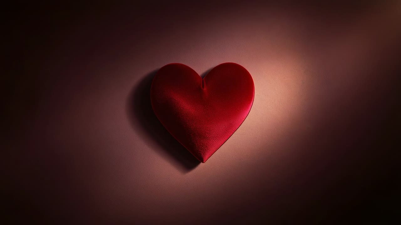Cuore di peluche rosso su un tavolo, illuminato da una luce calda che ne esalta la texture e i riflessi