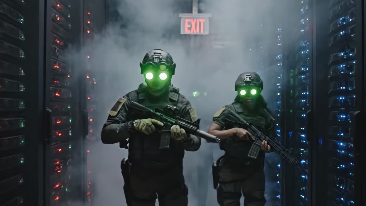 two soldiers with night vision goggles in server room