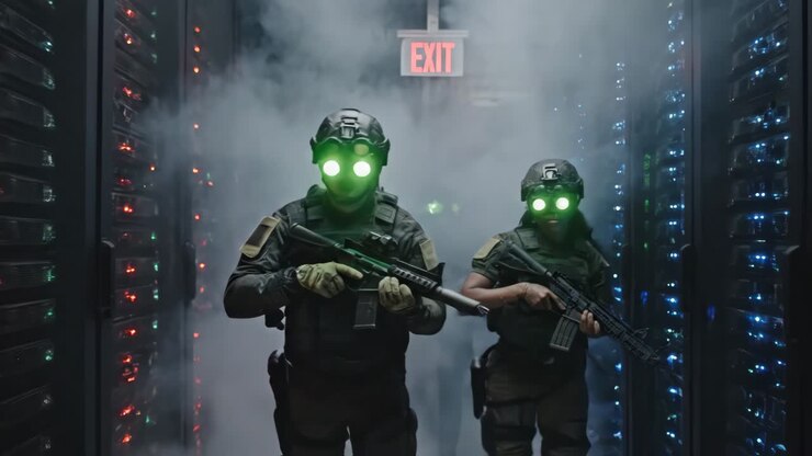 two soldiers with night vision goggles in server room