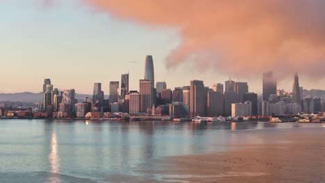 golden sunrise wide aerial static view of san francisco downtown financial district