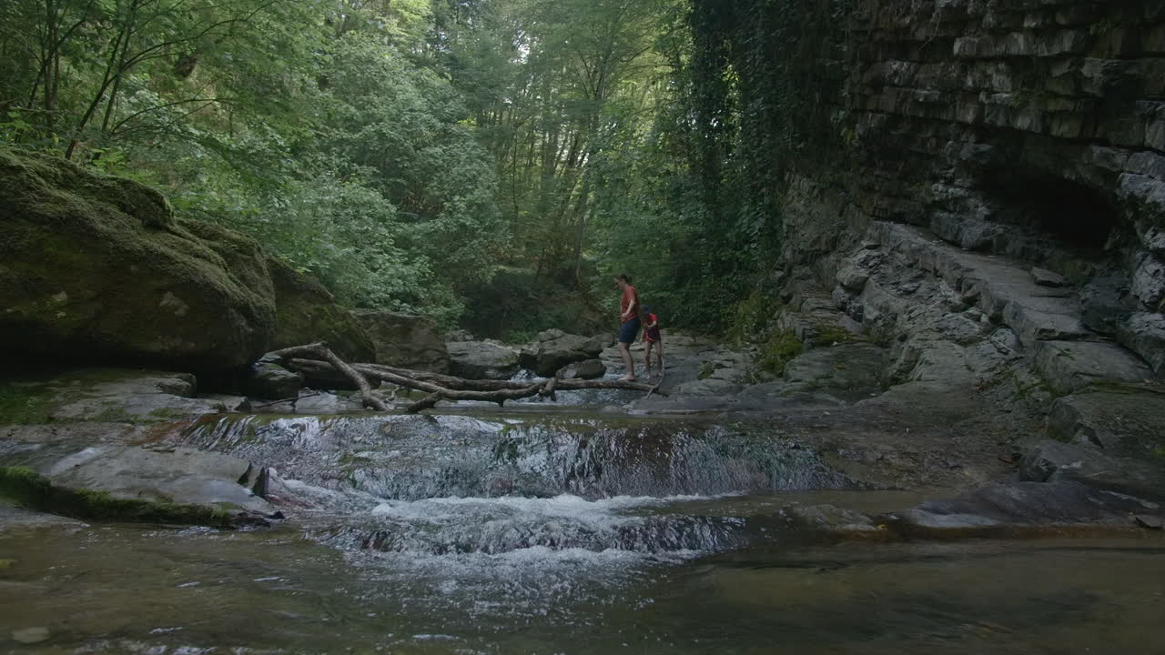 숲 속 의 하천 을 가로질러 산책 하는 가족