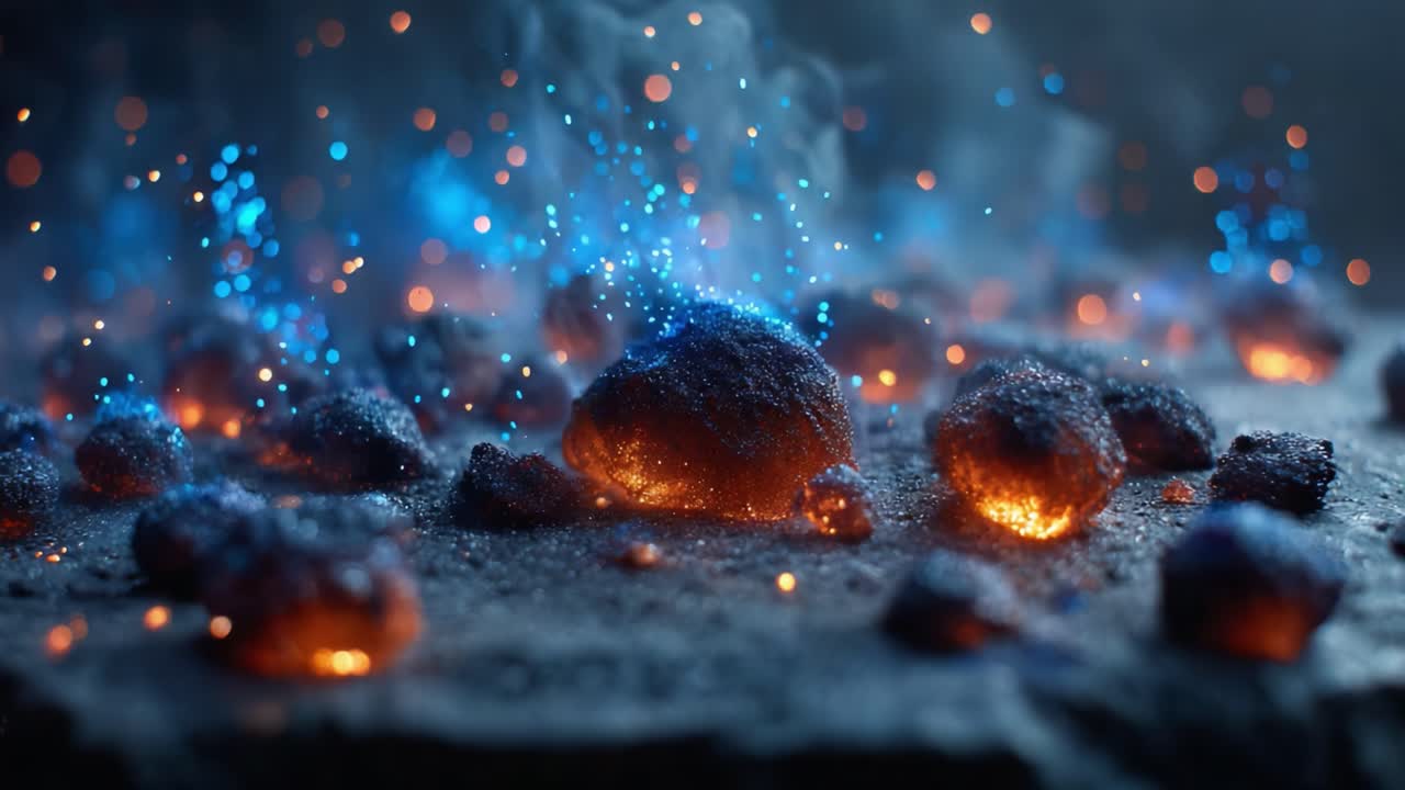 Una straordinaria rappresentazione di rocce incandescenti e scintille: un'esplorazione astratta di calore e luce su una superficie scura