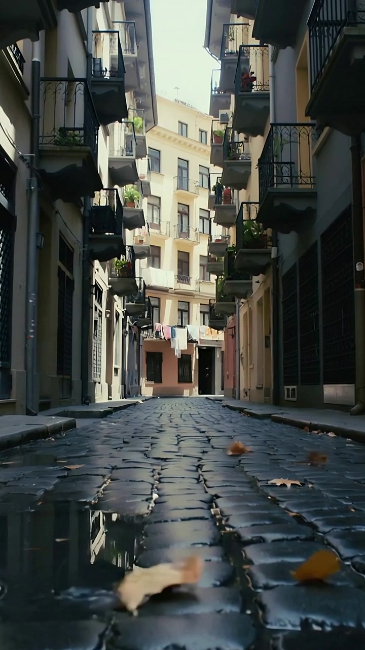 Vertical video: Gusting wind pushing leaves across wet cobbles in alley, puddles mirroring