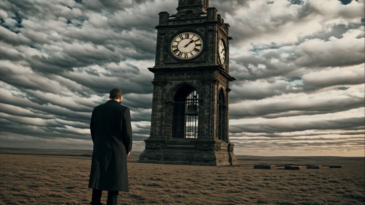 Businessman wearing long coat standing near tall clock tower, barren landscape stretching beneath dramatic cloudy sky, conveying profound sense of solitude and introspection