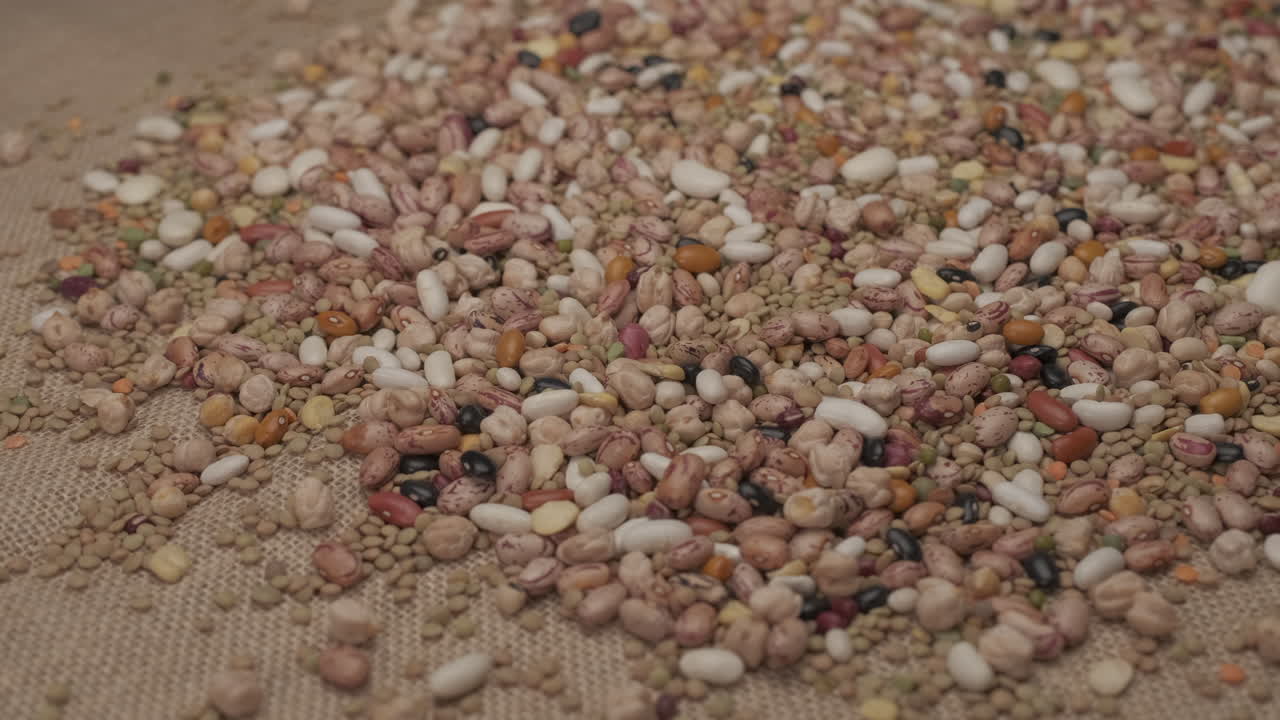 Mixed legumes dry beans rotating, Mediterranean diet vegan vegetarian protein food