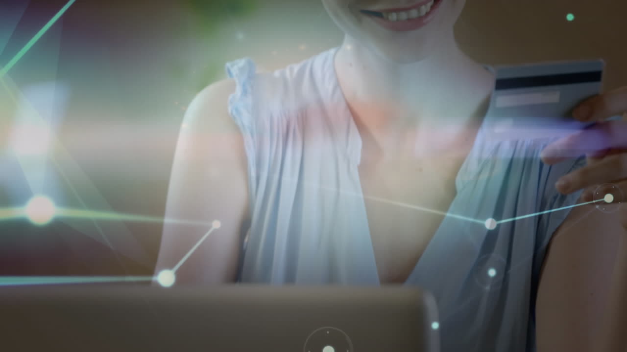 신용카드로 온라인 결제를 하는 여성에 대한 연결 네트워크의 애니메이션