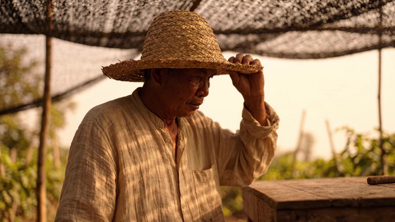 Seorang petani yang kontemplatif mengenakan topi jerami berdiri di ladang, merenungkan pekerjaannya saat matahari terbenam, dikelilingi oleh tanaman hijau subur dan ketenangan alam