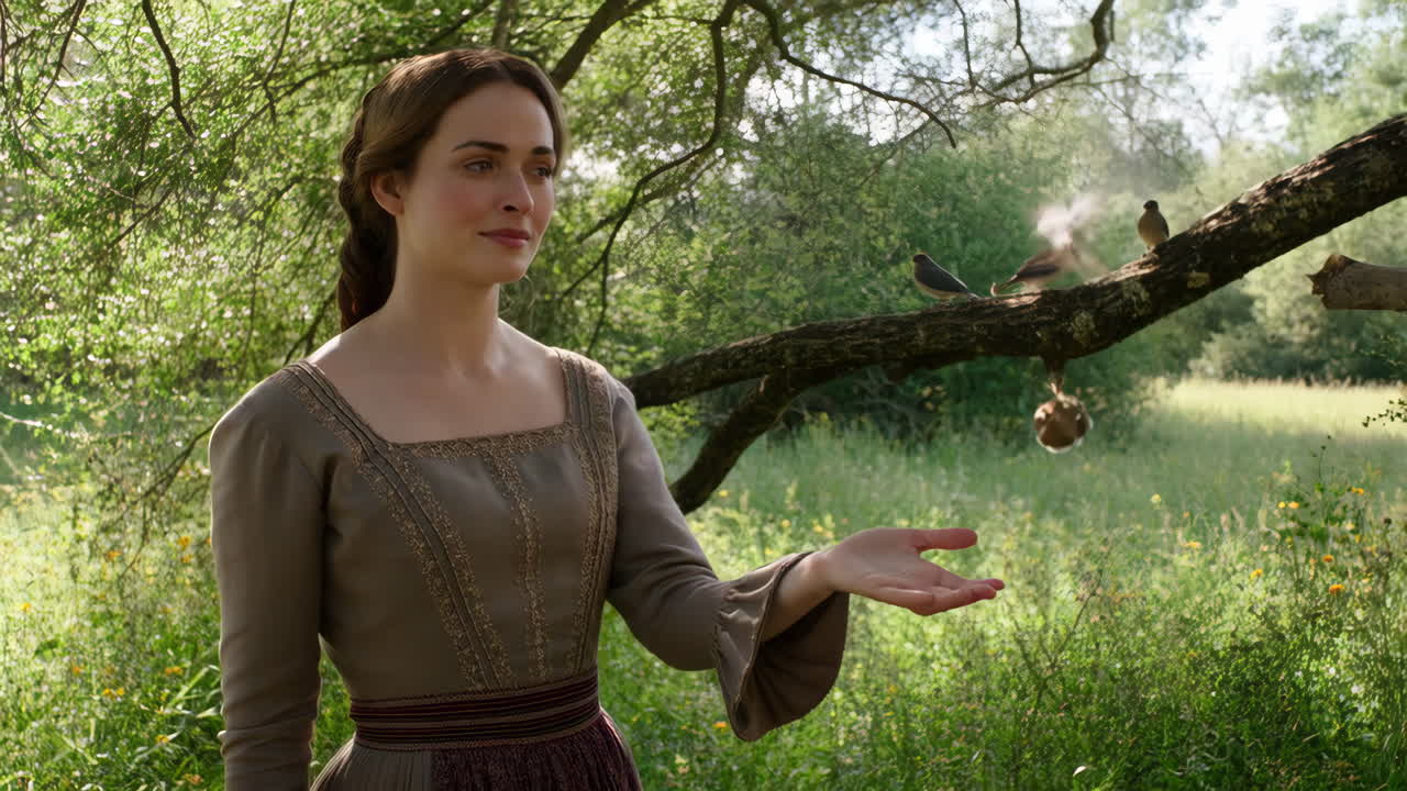 A woman in historical attire interacting with birds in a lush, sunlit natural setting