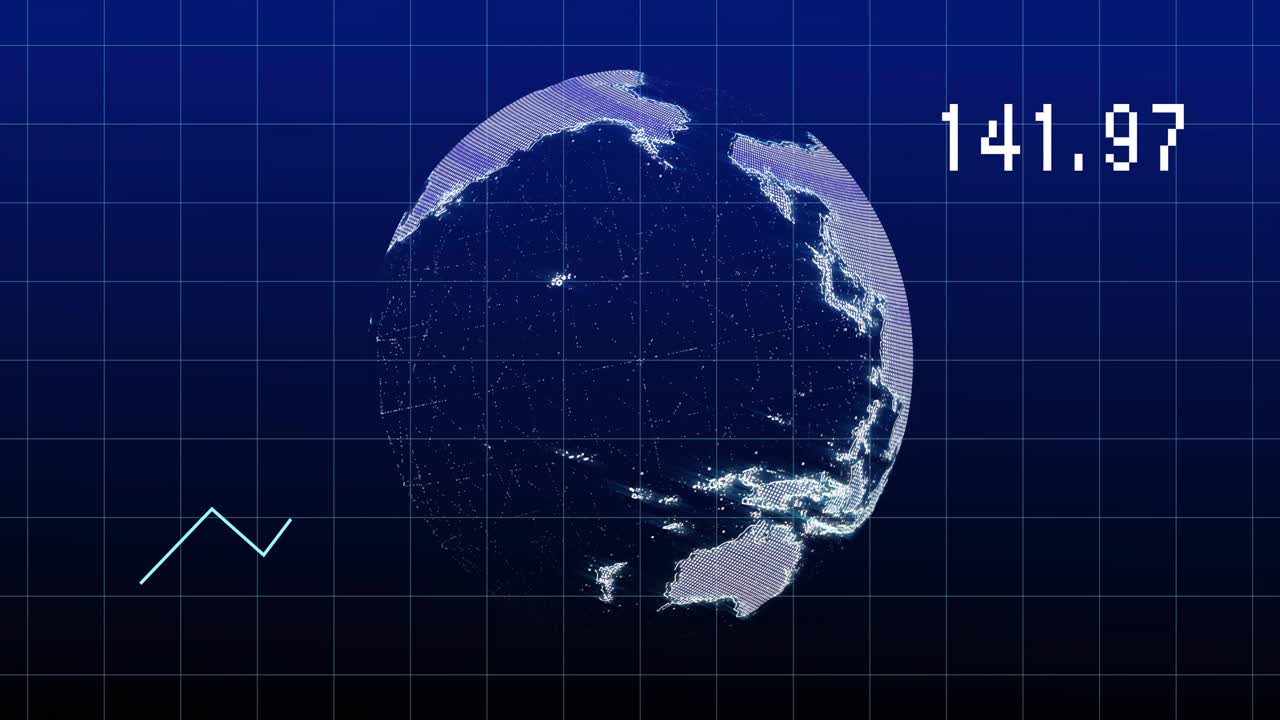 Blue grid filling starting globe rotating chart rising numbers updating visualizing market trend