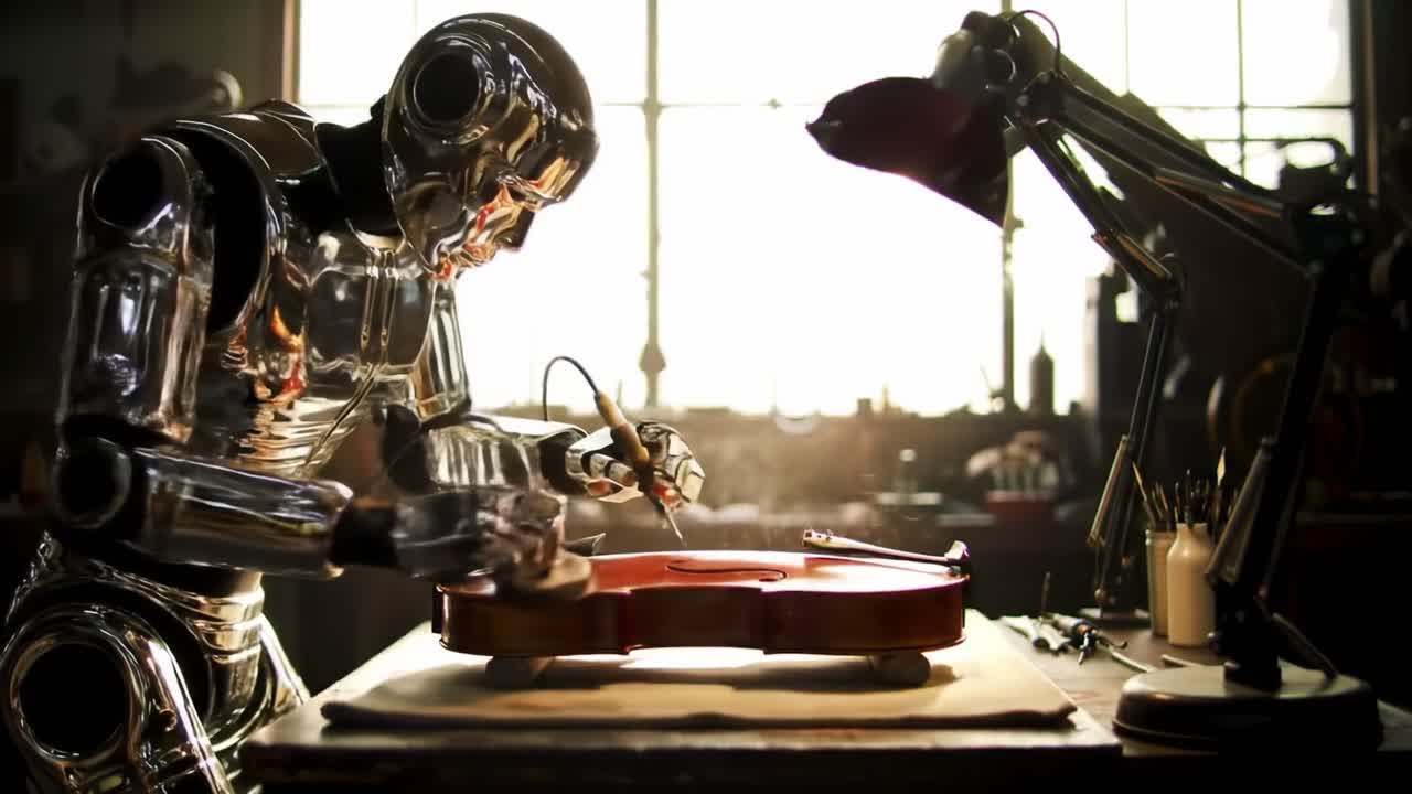 In a dimly lit workshop, a robotic figure meticulously works on crafting a wooden violin using various tools. Sunlight streams through the windows, creating a warm atmosphere.