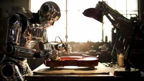 in a dimly lit workshop, a robotic figure meticulously works on crafting a wooden violin using various tools. sunlight streams through the windows, creating a warm atmosphere.