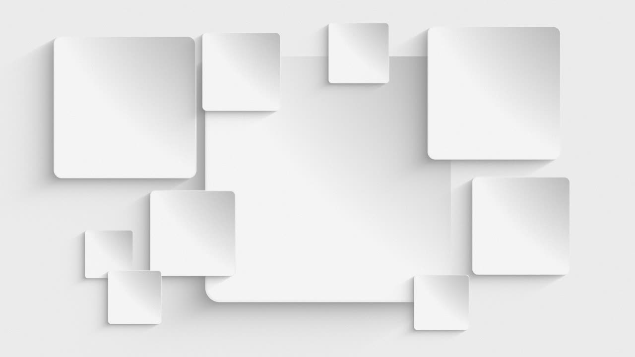 A repeating loop of pale grey concave round corner rectangles emerging from a white background, expanding to varied sizes while gently drifting and overlapping each other with shadows