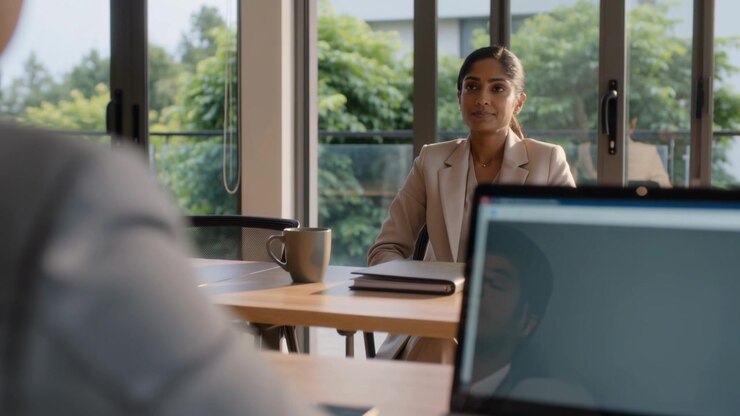 Adjusting posture after question, South Asian woman in beige blazer smiling in office with laptop