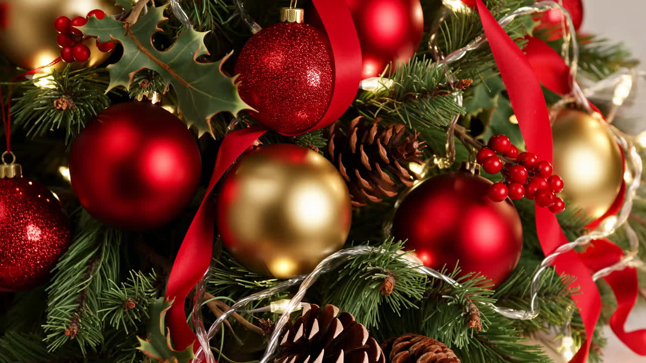 Cận cảnh cây thông Noel được trang trí với ánh đèn lấp lánh và đồ trang trí.