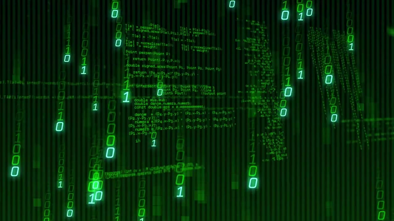 Faint scanline starting green bit streams falling over dark canvas forming code panes for data view
