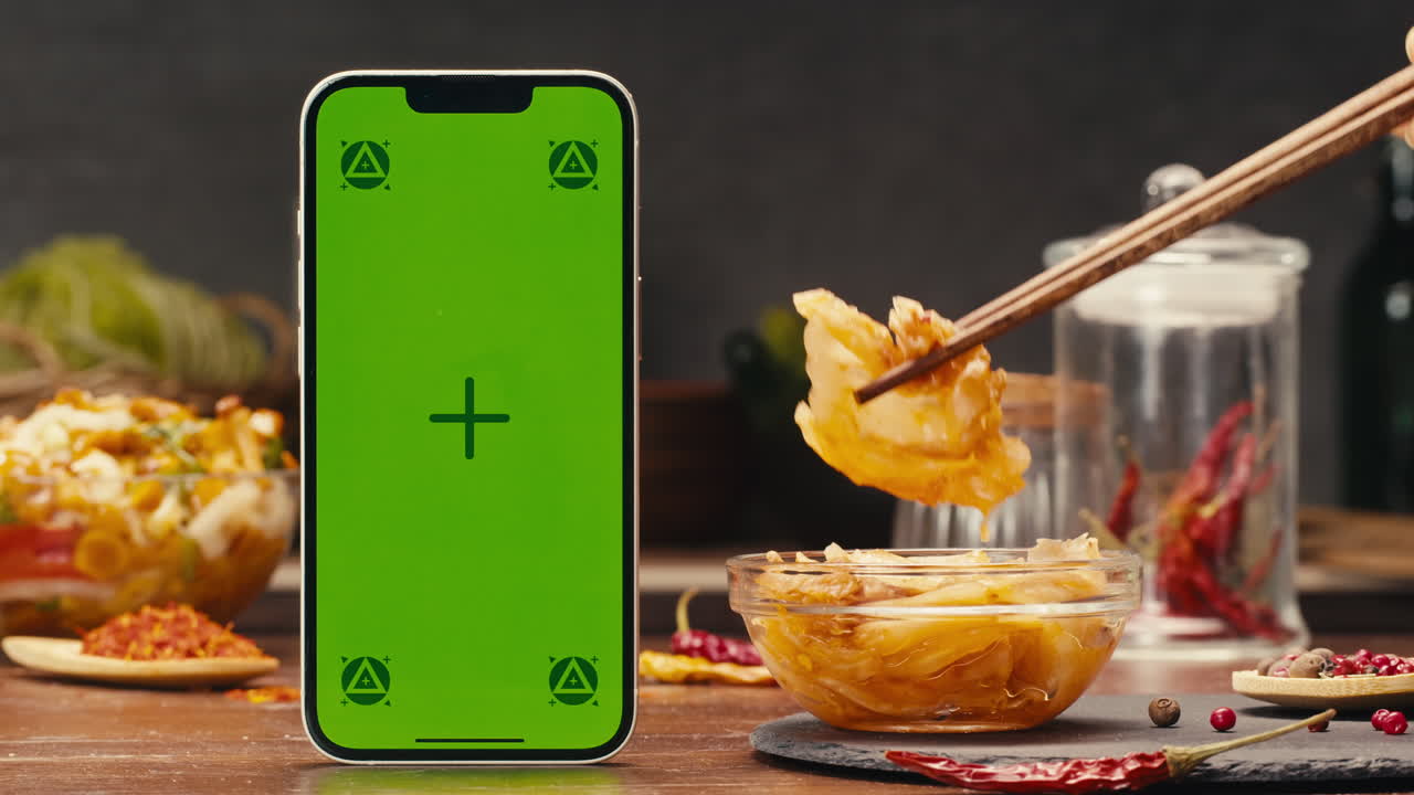 A green screen mobile phone, a portable communications device, is on a table next to a bowl of canned corn. The product is a useful gadget for telephony and communication. Fermented food served on table, mini corn, kimchi, eggplants, yellow cabbage