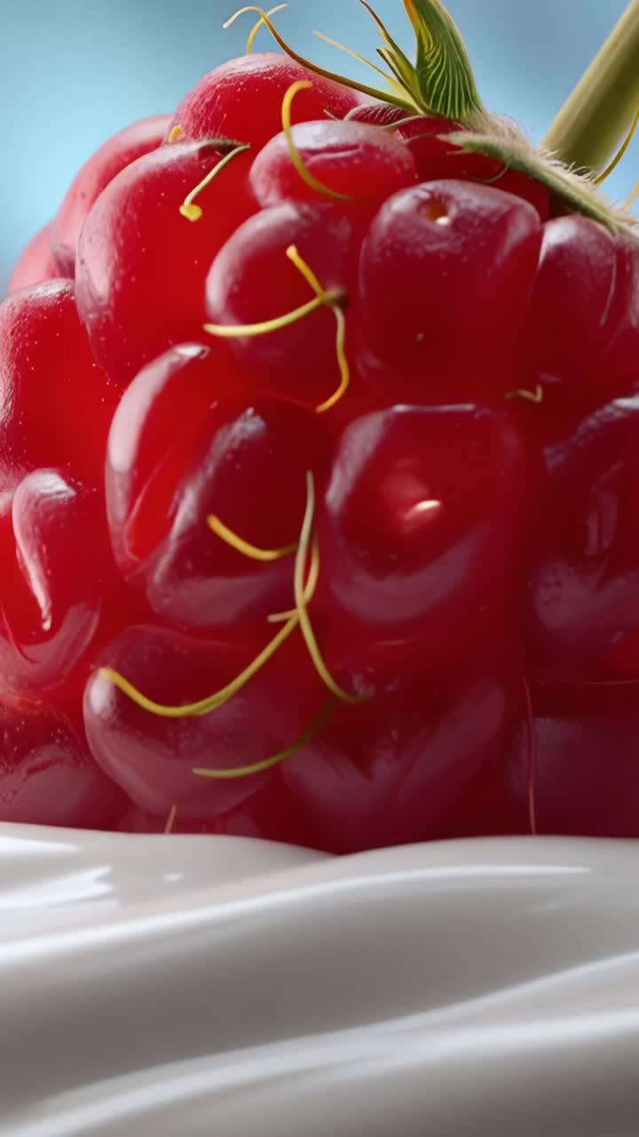 Close-Up of Ripe Raspberry: A Visual Delight of Juicy Texture and Vibrant Color, Capturing Nature's Sweetness in Stunning Detail and Rich Glossy Finish