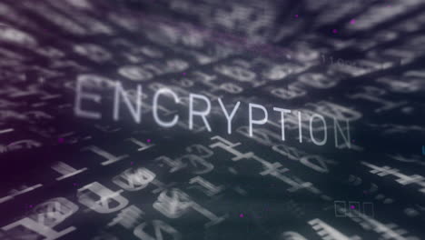 animation of encryption text banner over binary coding and microprocessor connections