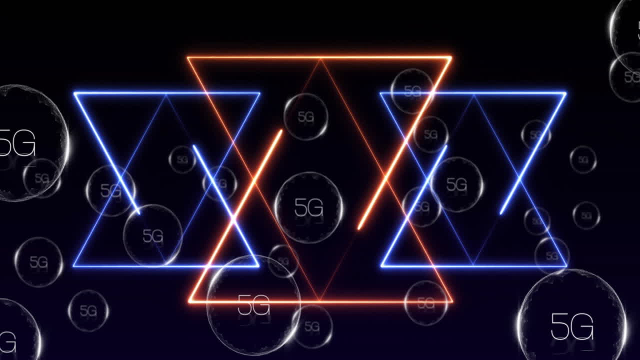 Animation of neon triangles and circles with 5G text, futuristic technology concept