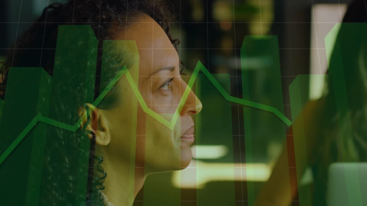 Animation of financial data processing over african american businesswoman at office