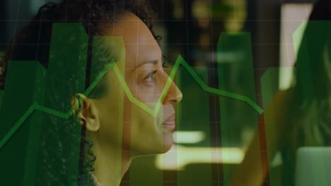 animation of financial data processing over african american businesswoman at office