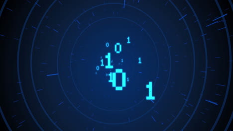 animación de la codificación binaria sobre círculos sobre fondo azul