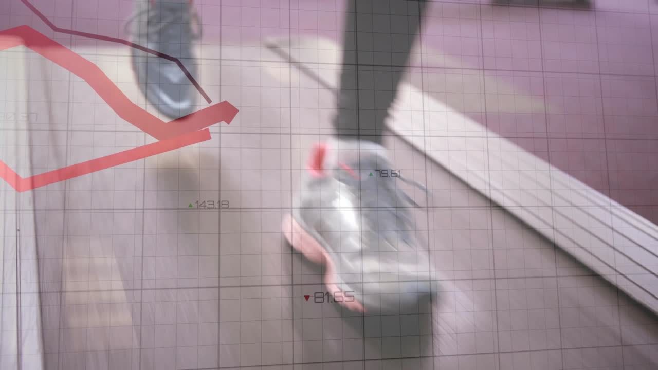 Stepping onto moving treadmill belt, runner's feet pushing belt, red graph showing metric drop