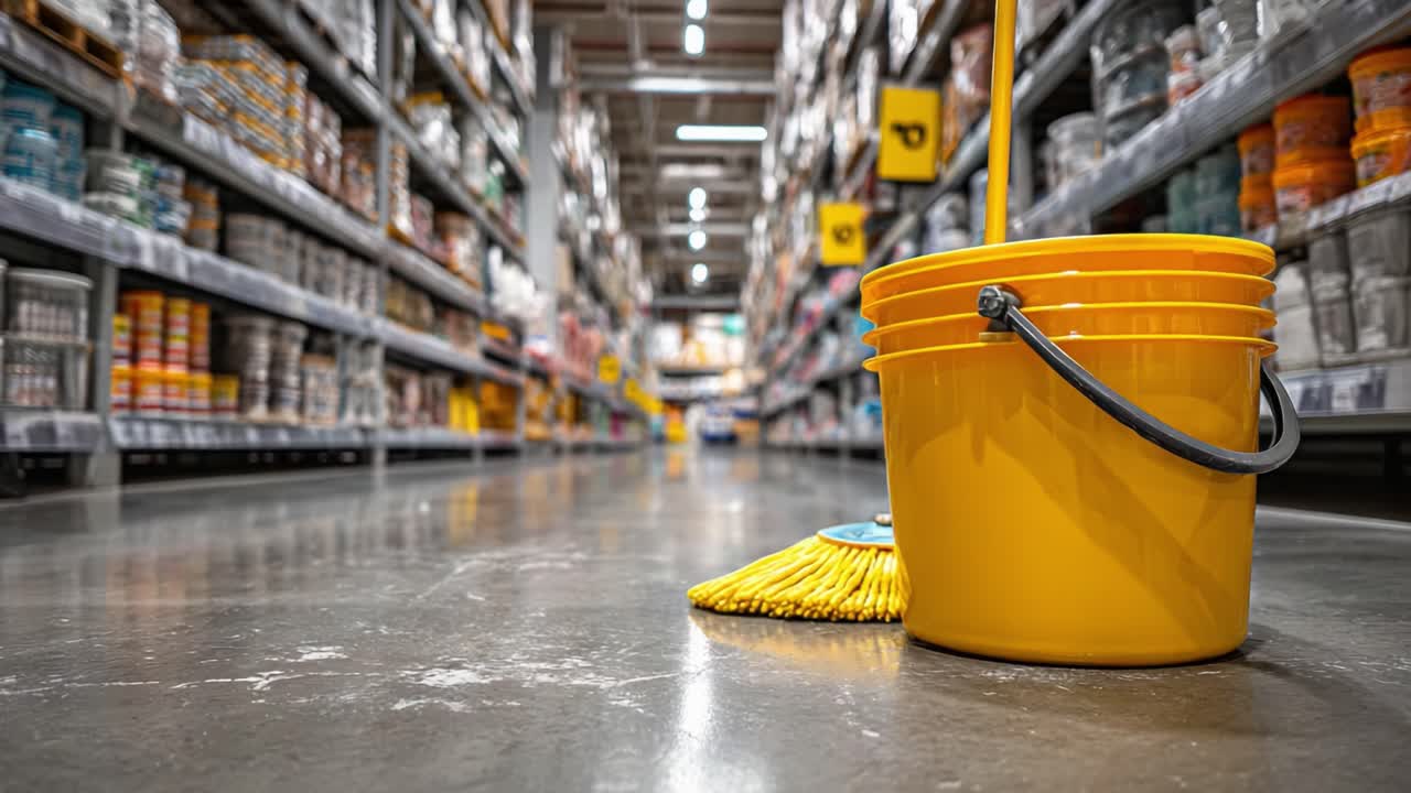 Um balde de limpeza amarelo de cores vivas e um esfregão posicionados no corredor de uma loja, destacando a importância da limpeza em ambientes de varejo
