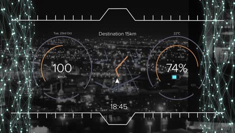 animation of electric car data processing over cityscape