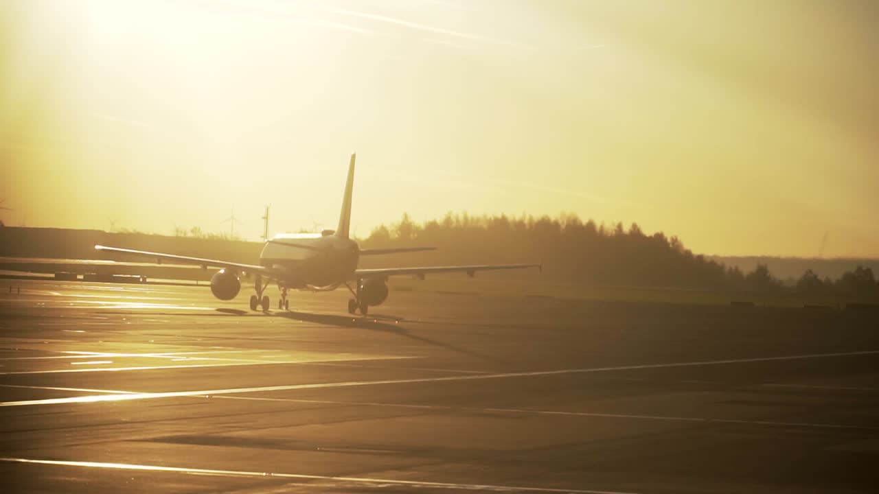 silueta de avión en la pista del aeropuerto durante la luz del amanecer de la mañana