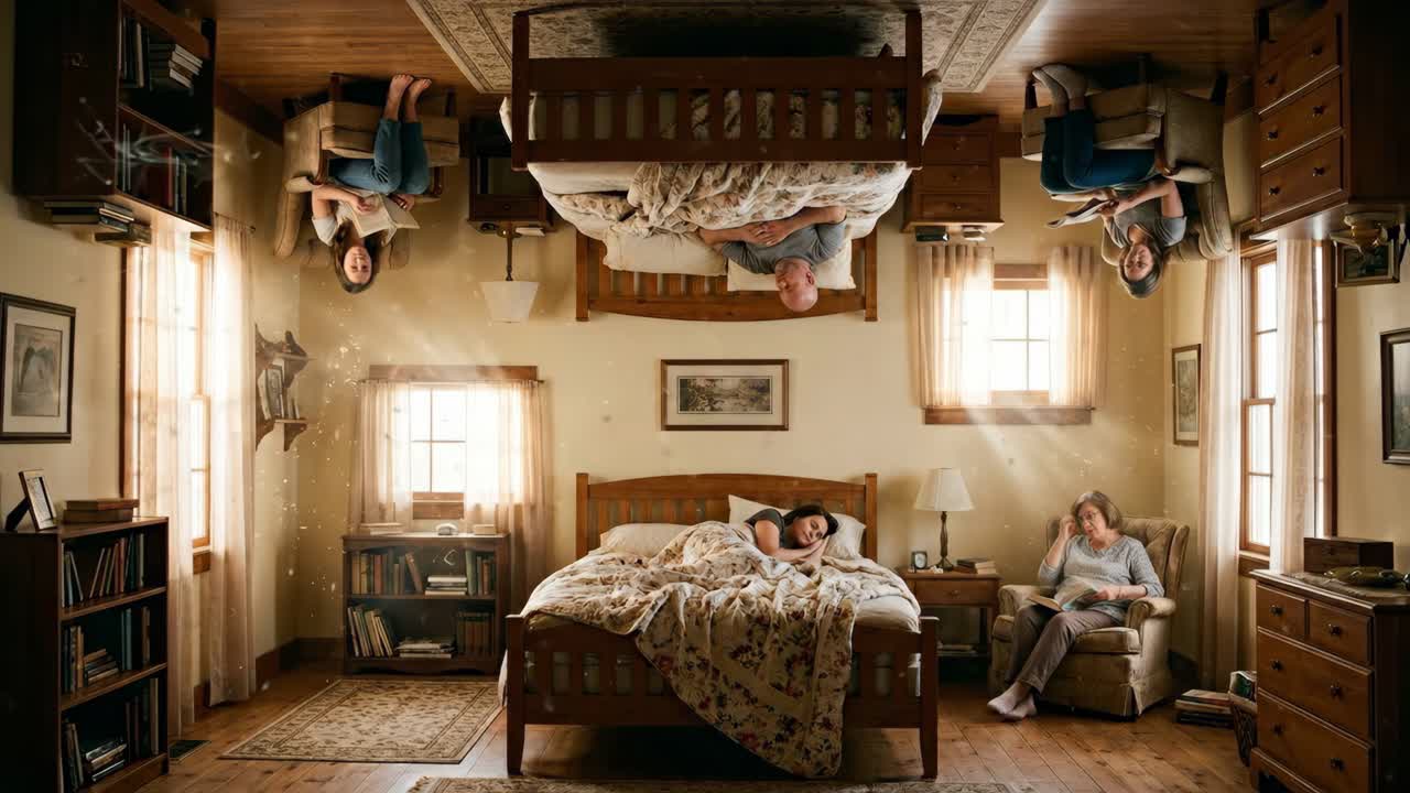 Scena surreale in camera da letto con persone che dormono e leggono a testa in giù