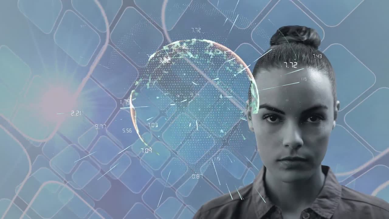 rastros de luz sobre un globo contra el retrato de una mujer contra el punto de luz y formas cuadradas