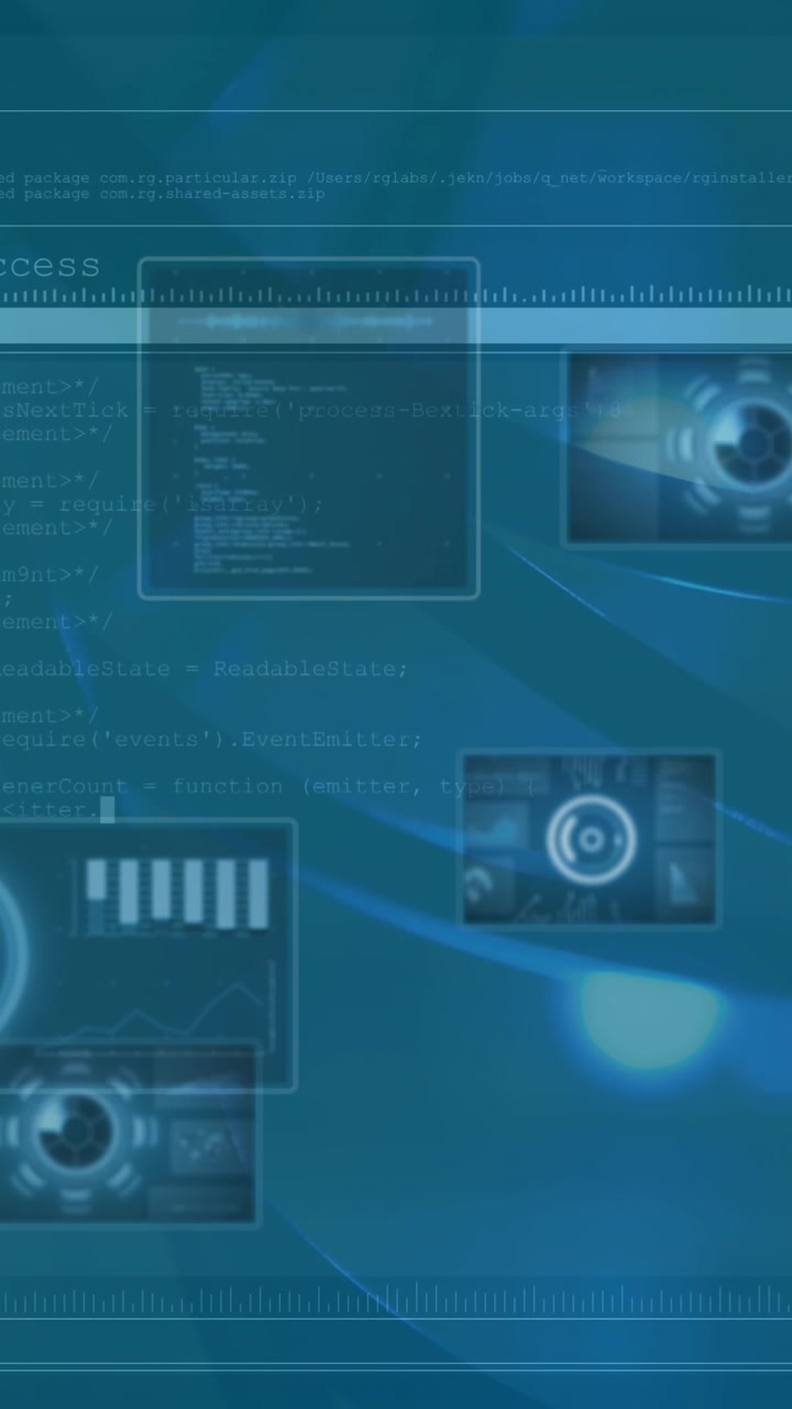 Animation of data processing on blue digital screens